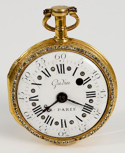 French Gudin 18 karat gold open face pocket watch, having white enameled dial with Roman numerals and outer numbers, pierced balance...