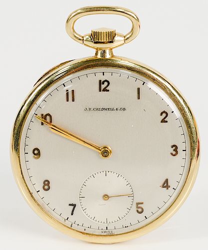 14 karat gold Concord pocket watch, open face, marked J.W. Caldwell & Co. on dial.  42.3mm, total weight 42 grams.