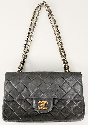 Chanel quilted navy lambskin leather double flap small bag or purse.  ht. 5 1/2 in., approximate wd. 9 in., dp. 2 1/2 in.  Prove...