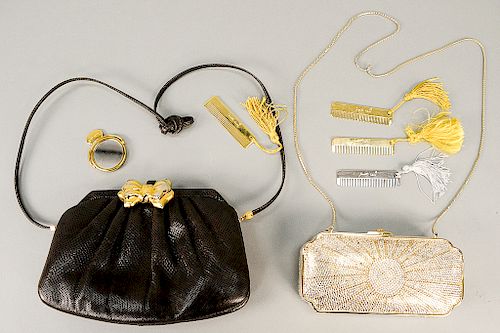 Two Judith Leiber bags including a silver and gold sunburst pattern with clear crystal embellished design and a brown Karving frame...