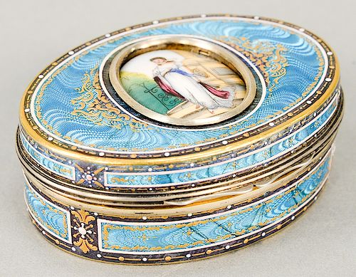 Louis XVI enameled silver and gold wash snuff box set with porcelain plaque, oval box having translucsent powder blue enamel over ra...