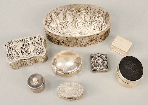 Eight silver Continental boxes including one with Leeds Pottery having Christie's East tag.  largest: 3" x 3 3/4",  12.7 t oz. (weight inclu...