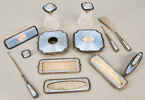 Enameled sterling thirteen piece partial dresser set, blue enameled with roses including shoe horn, two glass bottles with enameled...