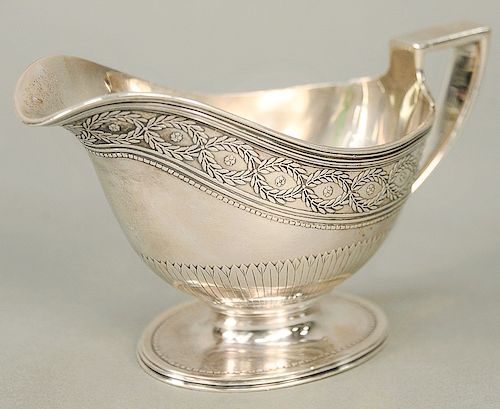 Tiffany & Co. sterling gravy boat, marked 19233A Makers 8014.  ht. 4 1/2 in., lg. 7 3/4 in., 13.2 t oz.