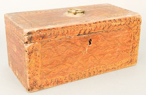 Pine box with original grain paint, late 18th to early 19th century.  ht. 6 3/8 in., top: 7" x 14"