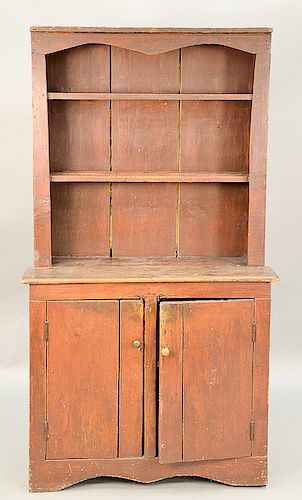Early stepback cupboard, one piece with open shelve top over two doors, old finish.  ht. 76 in., wd. 39 1/2 in.  Provenance: Est...