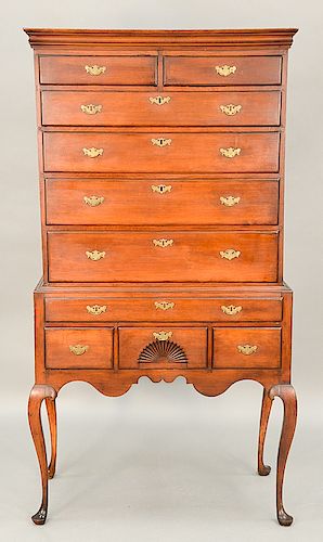 Queen Anne cherry flat top highboy in two parts, upper section with two short drawers over four graduated drawers on lower section w...
