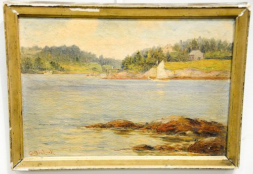 Evelyn Montague Bicknell (1857-1936),  oil on board,  Summer Landscape, tide out inlet with sailboat,  signed lower left: E. M...