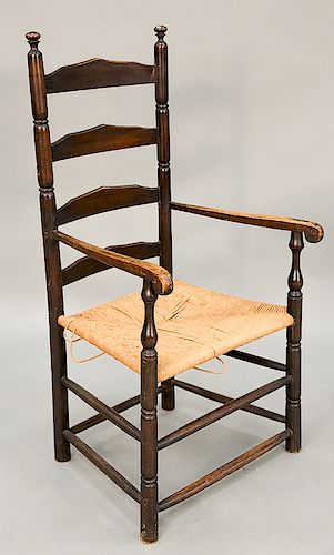 Ladderback great chair with four slats and rush seat with box stretchers.  ht. 43 in.