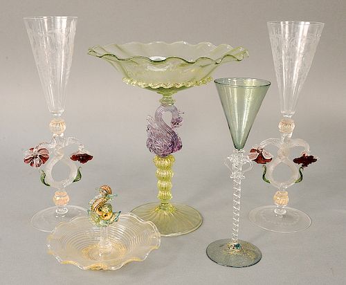 Group of five Venetian glass pieces to include figural compote with swan support, pair of stemmed etched vases with floral support, stemmed...
