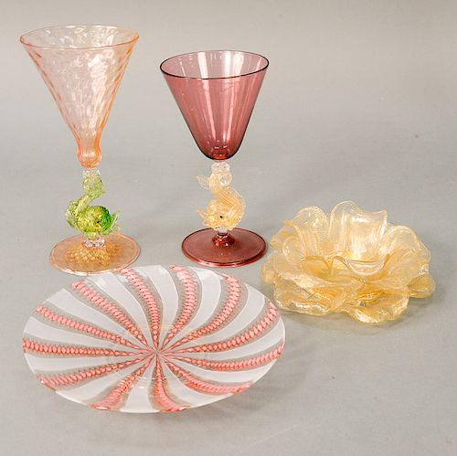Venetian glass group, 23 pieces to include a set of eight floral or lotus form bowls, clear with gold flecking; set of six Murano ar...