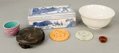 Seven Chinese items to include blue and white covered box, China, 20th century, the interior divided into two compartments, and d...