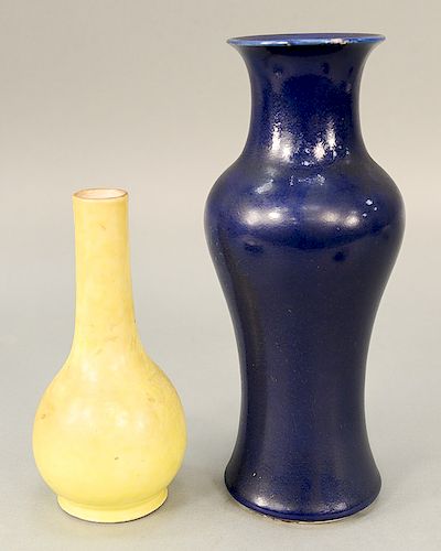 Two piece Chinese lot to include yellow monochrome bottle vase, China 19th/20th century, uniformly covered with creamy yellow enamel with wh...