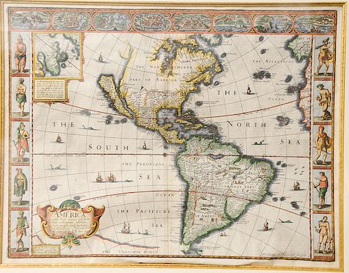 John Speed (1552-1629),  hand colored engraved map of America 1626,  "America with those known parts in that unknown worlde both...