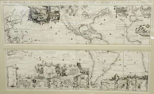 Henri Abraham Chatelain, two map engravings in one frame, matted separately,  "Carte Très Curieuse De La Mer Du Sud, Contenant Des Rem...