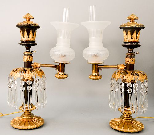 Pair of Baldwin Gardiner Argand lamps, classical bronze and gilt bronze with matching frosted shade having Greek key design, marked:...