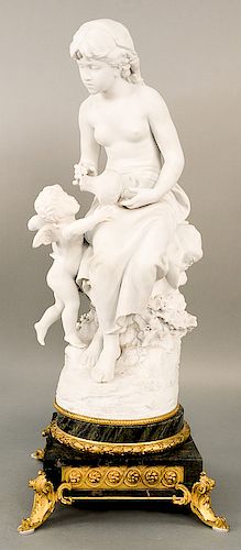 After Mathurin Moreau (1822-1912), large bisque figural sculpture of a nude maid giving water to a cherub, marked Math Moreau on bas...