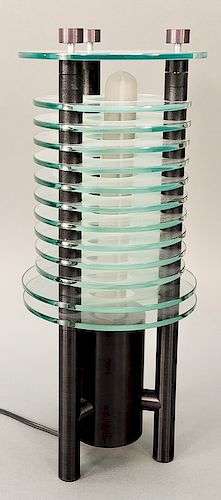 Sidney Hutter (b. 1954), Tricirc #11 lamp, black metal and glass, signed and dated 1987.  ht. 17 1/4 in.  Provenance: Estate fro...