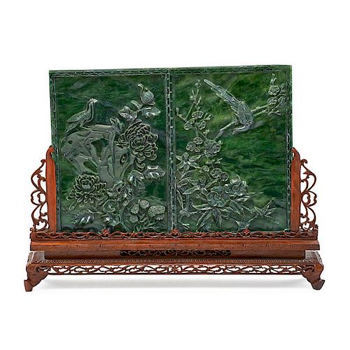 PAIR OF CHINESE SPINACH JADE TABLE SCREENS