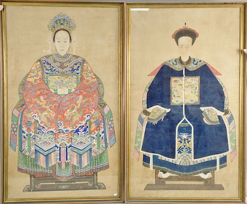 Pair of large framed ancestor portraits, color on silk, both finely painted and detailed por...
