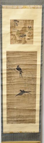 Two panel scroll painting, ink and color on paper, the top panel is a small landscape and the lower depicts two...