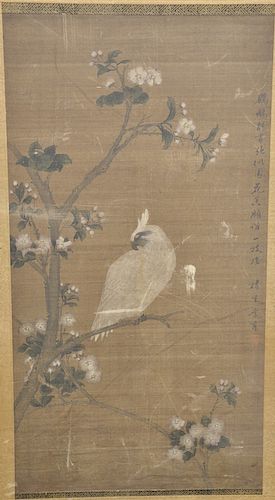 Li Yu (1843-1904),  ink and color on silk laid on board,  Cockatoo and Blossoms,  signed right side  image size: 29 1/4" x 1...