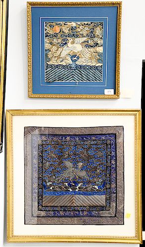 Two piece lot to include framed embroidered textile of white pheasant, China 19th/20th century, the bird above a border of stylized...