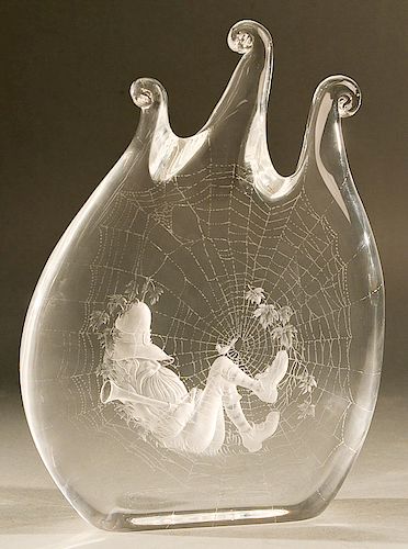 Steuben glass Rip Van Winkle figural etched and carved crystal free form sculpture with spider web and depicting the figure of Washi...