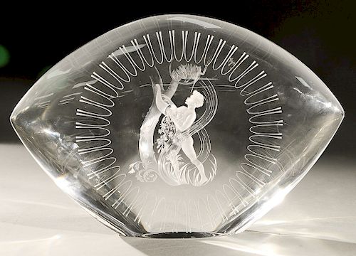 Steuben glass sculpture, etched crystal scene of a boy by a tree holding "Horn of Flowers", signed: Steuben, in red leather fitted c...