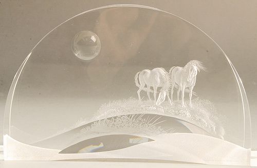 Steuben glass sculpture, Western Horses, designed by Charlotte - Linnea Howlett, and Bernard X. Wolff, circa 1977, #0204, in red lea...