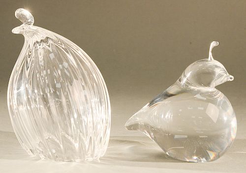 Two Steuben glass quail bird crystal sculptures, one #8533 designed by Donald Pollard and the other with silver tuft.  ht. 6 in. &...