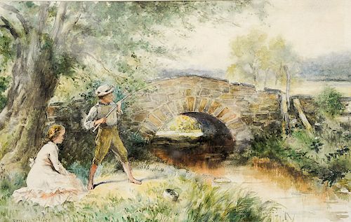 Percival De Luce (1847-1914),  watercolor,  Young Boy Fishing with Girl,  signed lower left: Percival Deluce,  sight size 11...