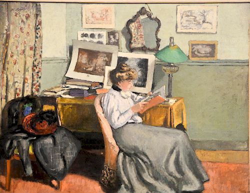Albert Andre (1869-1954),  oil on canvas,  Interior, "Femme Lisant",  signed top left: Alb. Andre,  relined,  having old p...