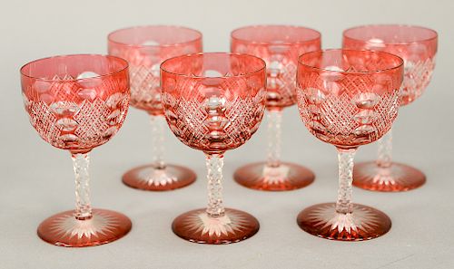 Set of six cranberry cut to clear stems.  ht. 4 5/8 in.  Provenance: Estate of Robert Rintoul, Guilford, Connecticut