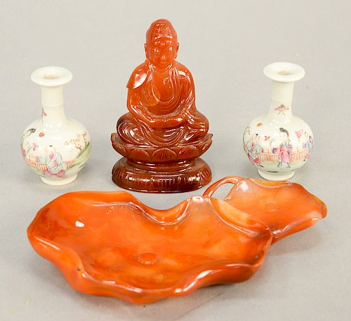 Four piece lot to include a pair of miniature Famille Rose vases, China, 19th/20th century, the globular (tianquiping) body painted with children on a