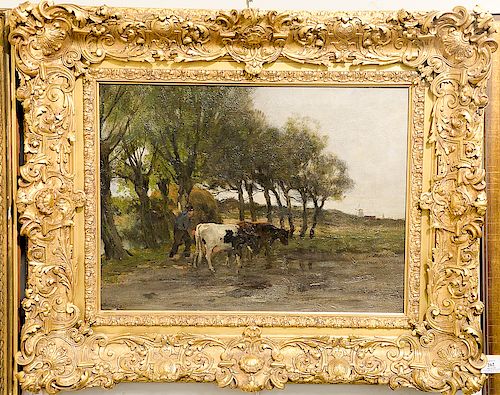 Charles Paul Gruppe (1860-1940),  oil on canvas,  Cows Heading to Pasture,  signed lower left: Chas P. Gruppe,  in Victorian...