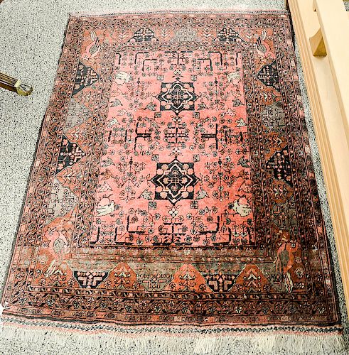 Oriental throw rug.  3'5" x 4'6"  Provenance: Estate of Robert Rintoul, Guilford, Connecticut