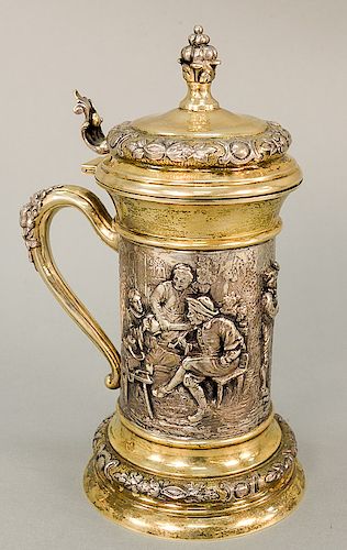 Continental silver tankard top and bottom gilt decorated  body with embossed interior bar scene.  ht. 11 3/4 in., 39.1 t oz.