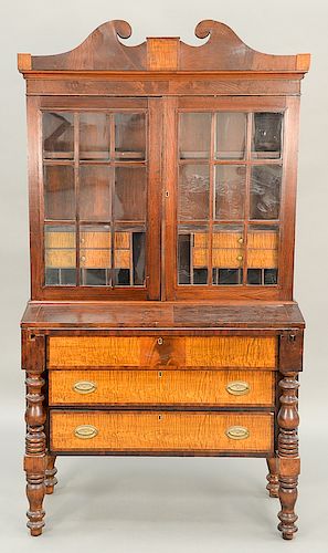 Sheraton mahogany secretary desk in two parts, upper portion with two glazed doors opening to reveal four tiger maple drawers on low...