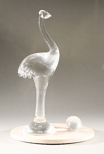 Steuben glass great ostrich with egg sculpture, on travertine oval base, designed by Taf Schaefer, introduced in 2007, ostrich signe...