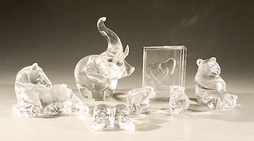 Seven Steuben glass pieces to include three glass bears, butterfly, Horse Yearling by Taf Schaefer, glass ornament with hearts inscr...