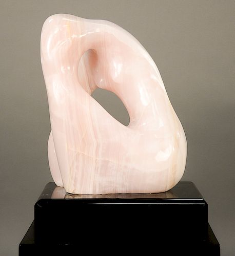 Paul Puccio (b. 1934) "La Donna" 1976 nude female pink quartz or onyx sculpture on black granite base and black lacquered pedestal,...