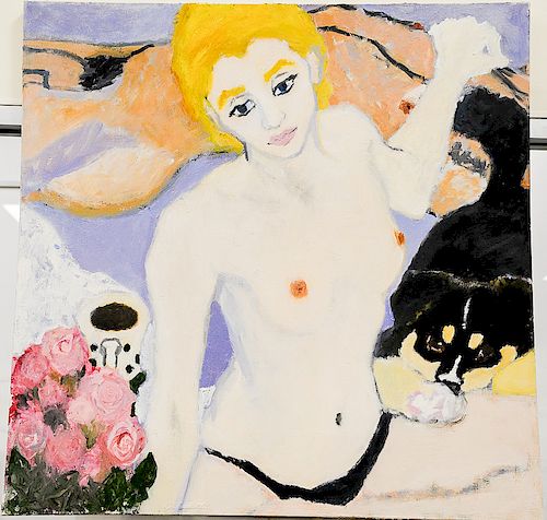 Betsy Podlach,  oil on canvas,  Nude with Roses Walking,  signed on verso,  44" x 44"  Being sold with a copy of Lionheart...