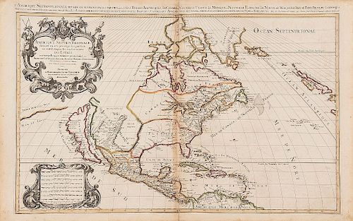 Sanson, Nicolas. Amerique Septentrionale... Paris: Chez Hubert Iaillot, 1696. Mapa de gran formato con límites coloreados, 56.5x87.5 cm