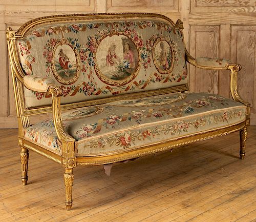 GILT WOOD FRENCH SETTEE AUBUSSON UPHOLSTERY C1900