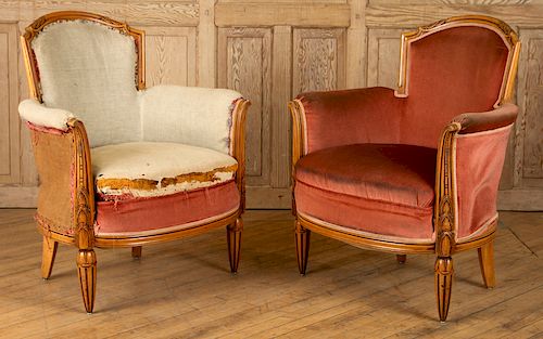 PR FRENCH ART DECO WALNUT UPHOLSTERED CLUB CHAIRS