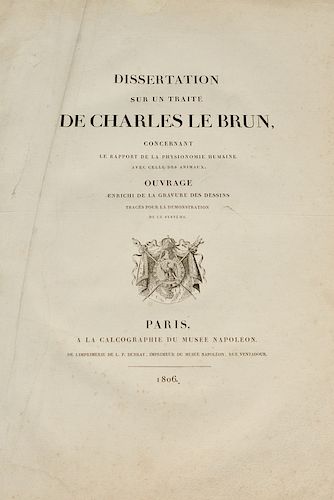 LeBrun Charles, 1806 portfolio book of engraving Dissertation Sur un traite De Charles Le Brun, Concernant LeRapport De La Physionom...