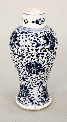 Small blue and white baluster vase/jar, China, 18th/19th century, decorated overall with stylized floral pattern, along with silk br...