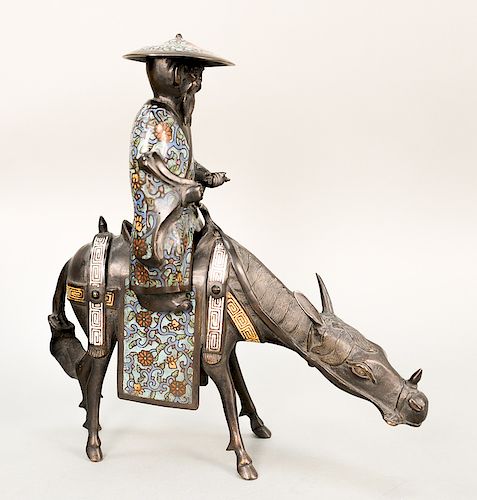 Bronze and cloisonné’ equestrian figure, probably of Lao Tzu riding his horse.  ht. 18 1/2 in.  Being sold w...
