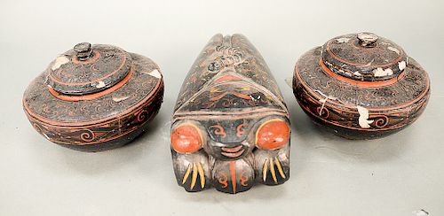 Three piece lacquer group to include a carved and painted cicada and a pair of ear form wine cups.  cicada: ht. 15 1/2 in., cups:...
